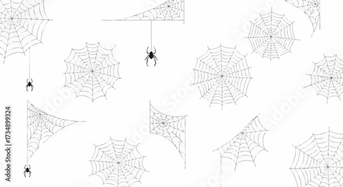 Spooky seamless pattern featuring scattered spider webs and dangling black spiders on a pure white background
