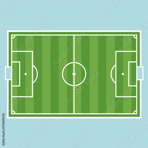 A flat vector illustration of a green soccer field, showing the top-down view of the pitch, goals, and white line markings.