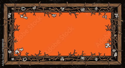Spooky wood frame border design with tangled brown branches and white bone fragments surrounding a bright orange copy space