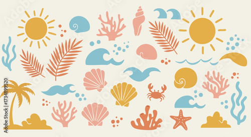 Summer beach elements with sun palm tree shells coral and waves on beige background