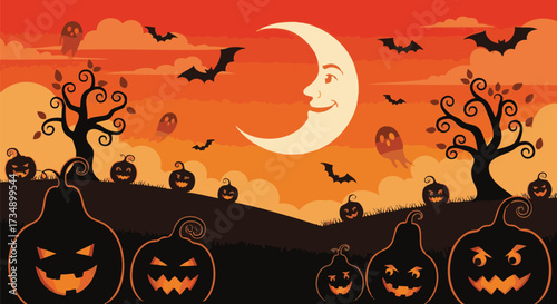 Vibrant flat vector illustration of a spooky Halloween night scene featuring glowing jack-o'-lanterns, silhouetted trees, and a smiling crescent moon in an orange sky