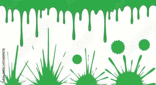 Vibrant green paint splatters and drips create a dynamic design