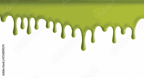 Vibrant green liquid paint or slime dripping down from the top edge against a clean white background
