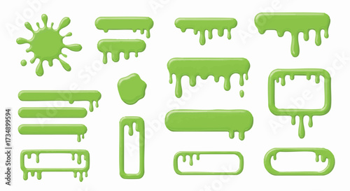 Vibrant green slime elements on white, featuring dripping banners, gooey frames, and splatters
