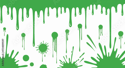 Vibrant green slime drips and splatters against a clean white background