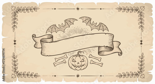 Vintage engraved Halloween banner design with a Jack O'Lantern, bats, and bones on distressed parchment background, ideal for spooky invitations or labels