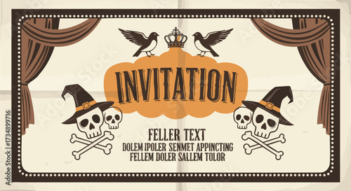 Vintage Halloween party invitation design with skulls, witch hats, crosses bones, and theatrical curtains, perfect for spooky events