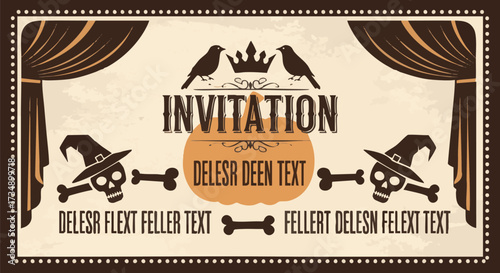 Vintage Halloween invitation design with pumpkin, witch hat skulls, and crows. The design has a retro, classic style