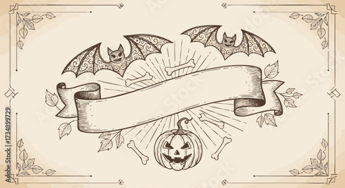 Vintage sketch style Halloween banner design with blank scroll ribbon, spooky bats, carved jack-o'-lantern, and bones on aged paper background