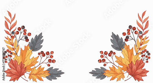 Watercolor style autumn border decoration featuring colorful fall leaves and vibrant red berries in two corner arrangements on a white background