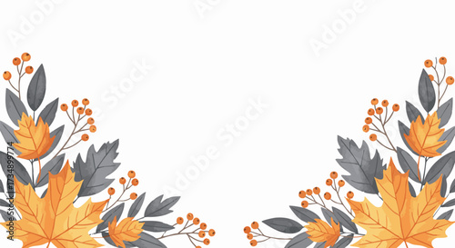 Watercolor style autumn border design featuring vibrant orange maple leaves and muted blue-gray foliage with bright orange berries, perfect for seasonal greetings or fall backgrounds