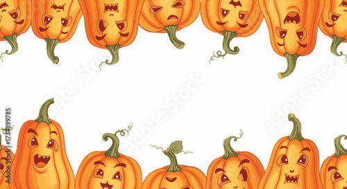 Whimsical Halloween border illustration featuring a variety of cartoon pumpkins with expressive faces