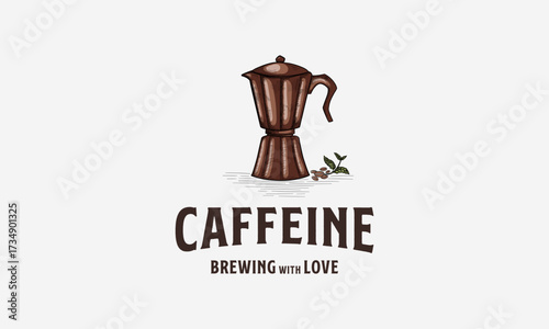 Vintage coffee Pot logo hand drawn template vector, Cafe logo symbol