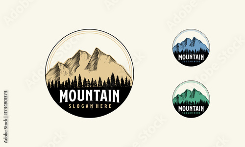 Sketch of a mountains Logo with fir forest, engraving style, hand drawn vector illustration