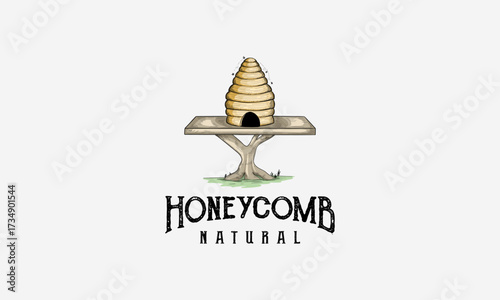 Honeycomb logo, Beehive with bees flying all around illustration symbol icon logo vector. Honeycomb with bees flying all around hand drawn logo vector. Hive icon vector