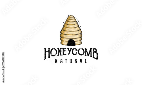 Honeycomb logo, Beehive with bees flying all around illustration symbol icon logo vector. Honeycomb with bees flying all around hand drawn logo vector. Hive icon vector