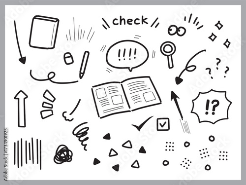 吹き出しや矢印など手書きのあしらいセット(黒・ベクター)