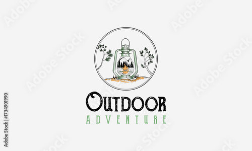 hand drawn camping logo with lantern Vintage emblem forest. Retro style camping camper explore. Outdoor adventure badge design. Travel and hipster mountain outdoor. Wilderness theme. Stock vector