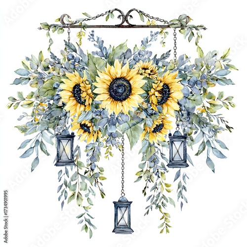 watercolor painting of sunflowers hanging from a chandelier
