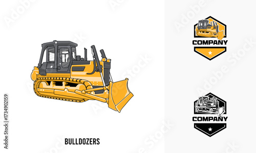Bulldozer heavy equipment illustration, Excavator heavy equipment Logo Badge Template vector
