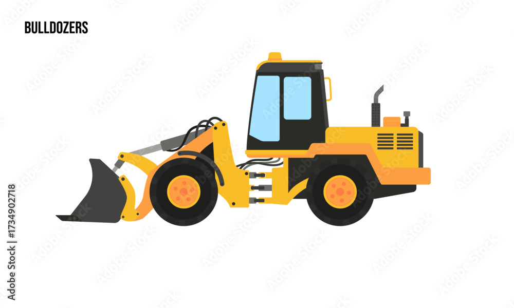 Fototapeta premium Bulldozer heavy equipment Flat illustration, Excavator heavy equipment Logo Template vector