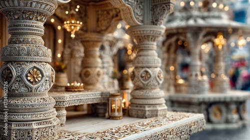 Elaborate carvings adorn the pillars and surfaces of a temple structure