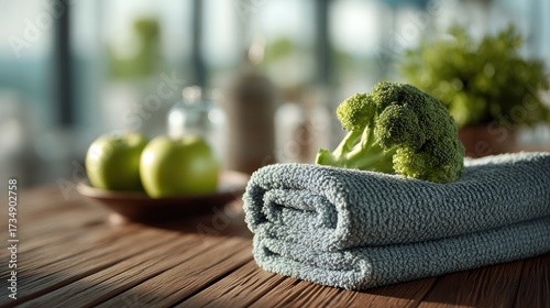 Fresh Start: Wellness Still Life with Broccoli, Apples, and Soft Towels