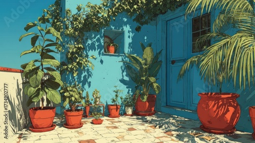 Tranquil Terrace Garden with Vibrant Plants and Blue Architecture Design