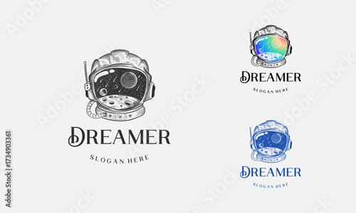 Dreamer Logo Hand drawn, Vintage space helmet concept with moon and galaxy landscape isolated vector illustration