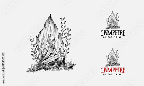 Bonfire Camping Hand Drawn logo template, Bonfire sketch hand drawn engraving style Vector illustration