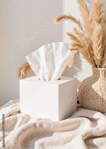 Modern tissue box with white tissues and dried flowers on table  