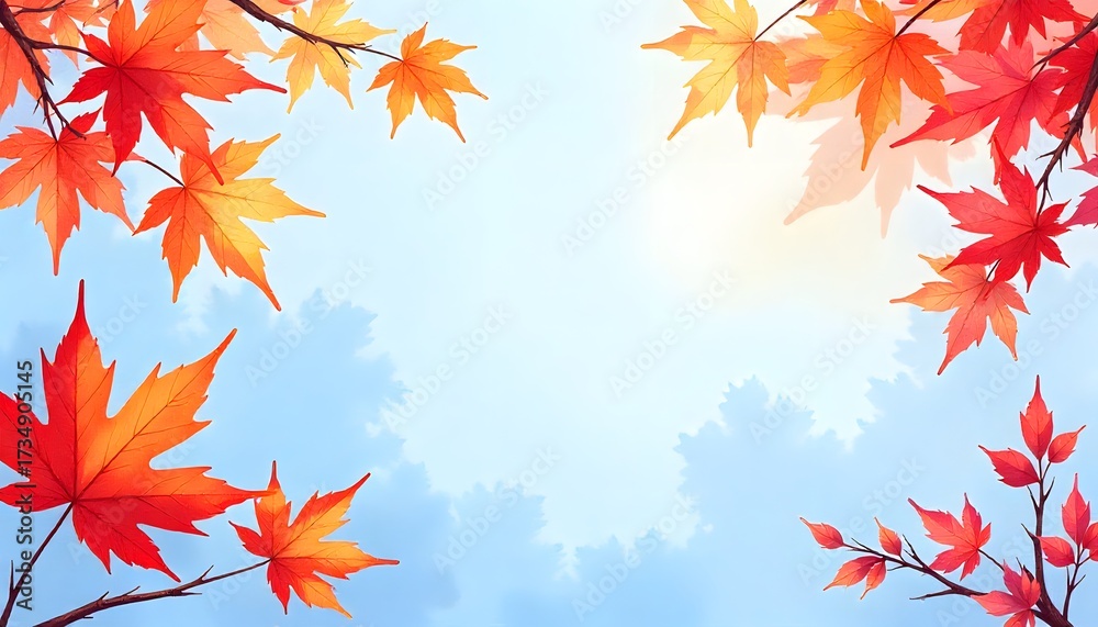 Fototapeta premium Vibrant autumn maple leaves in warm reds and oranges frame a serene blue sky, creating a beautiful seasonal backdrop for your designs.