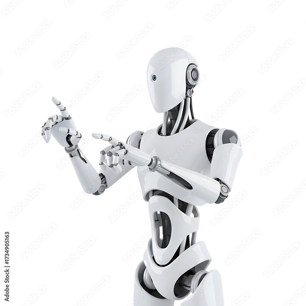 Fototapeta premium 3d illustration of a sleek white robot pointing with both hands isolated on transparent background, representing technology and innovation in a futuristic context