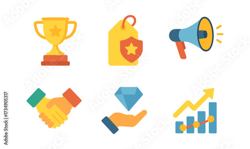 Colorful business icons set featuring trophy, tag, megaphone, handshake, diamond, and graph