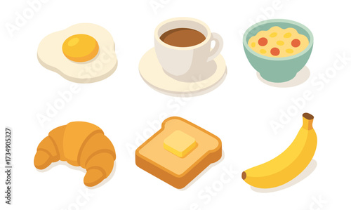 Isometric breakfast items: coffee, eggs, croissant, toast, oatmeal, and banana
