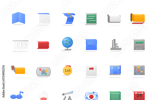 A collection of colorful, stylized 3D icons representing various school subjects and educational items on a white background.