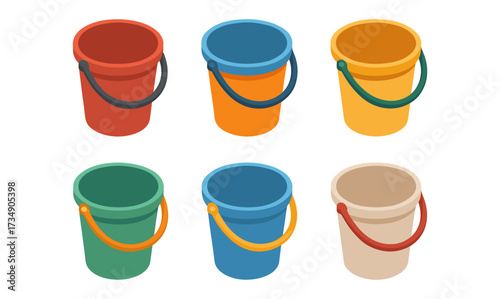 Colorful buckets set with handles in isometric design on neutral background
