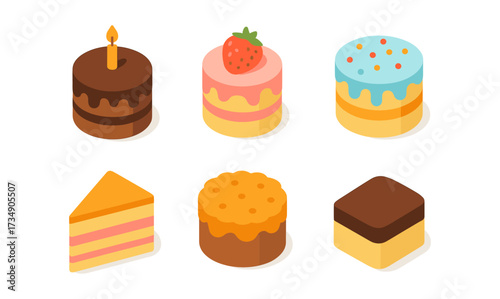 Colorful isometric cakes with toppings and slices in flat design
