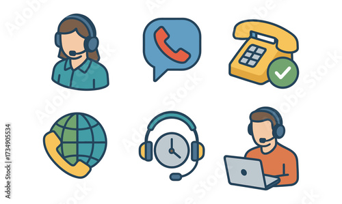 Customer support icons set: modern call center and communication symbols