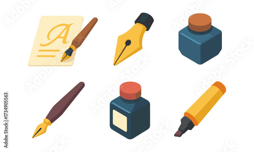Vintage calligraphy tools set with ink bottles and nibs in isometric style