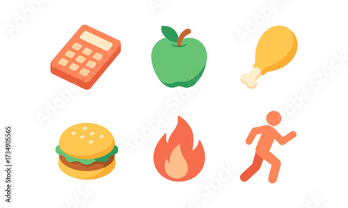 Colorful isometric icons featuring calculator, apple, chicken, burger, fire, and running person