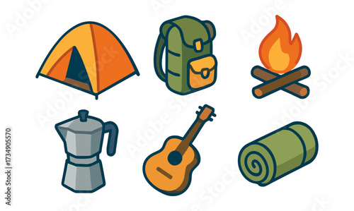 Colorful camping adventure icons: tent, backpack, campfire, coffee maker, guitar, sleeping bag