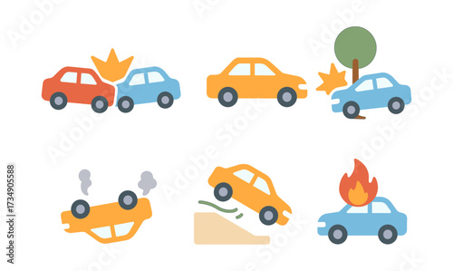 Flat style car accident icons illustrating various vehicle crash scenarios