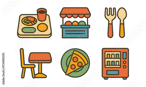 Flat style food icons with pizza, vending machine, and utensils