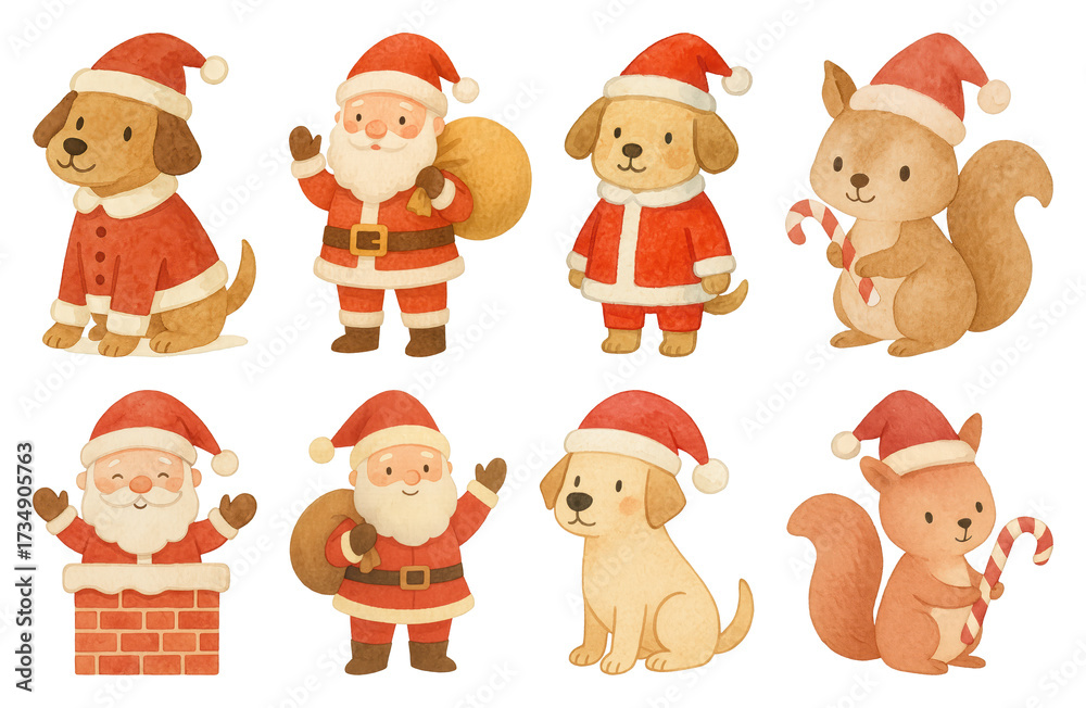 Obraz premium PNG Festive cartoon animals and Santa, element set on transparent background