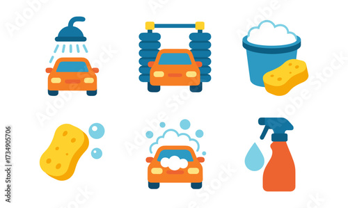 Car wash process icons: flat design set with cleaning tools and vehicles