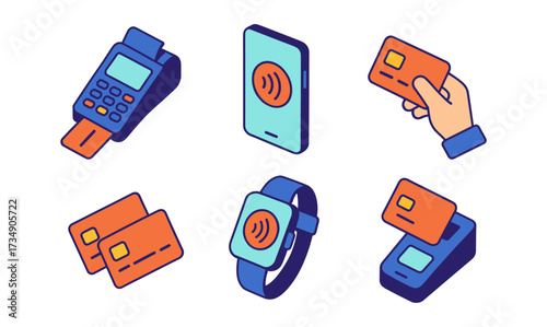 Contactless payment set featuring smartphones, card readers, and wearable devices in modern flat design