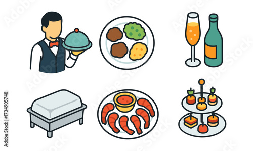Elegant catering concept: gourmet dishes, drinks, and appetizers in modern line art style
