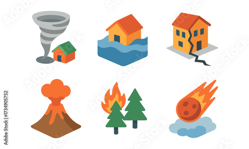 Natural disaster icons: tornado, flood, earthquake, volcano, wildfire, meteor impact