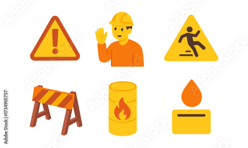 Safety icons set: hazard signs, worker, warning, flammable material, obstacles